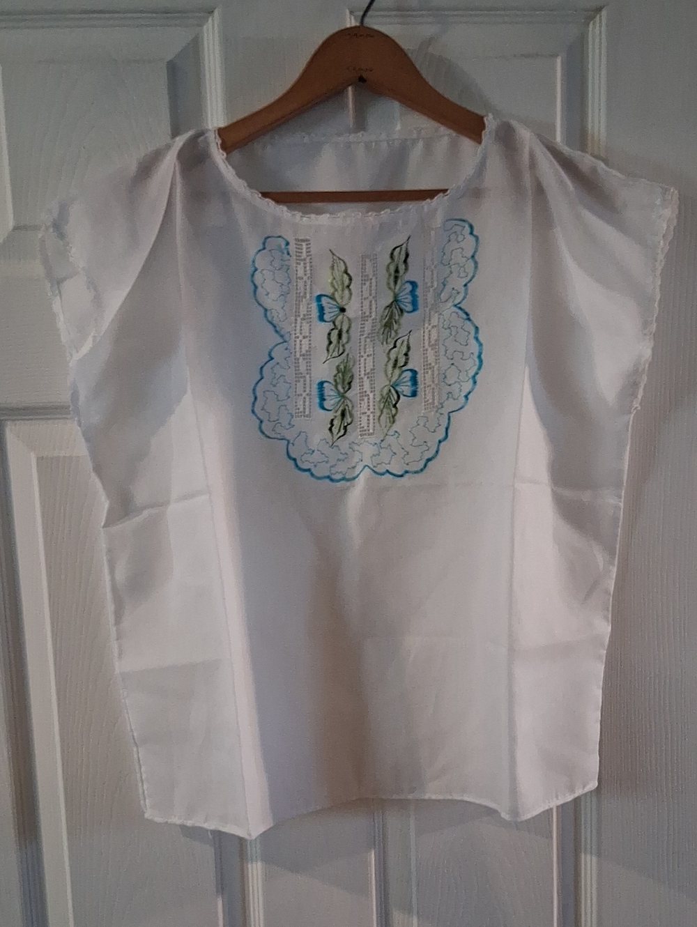 White Embroidered Peasant Top with Blue Floral Accents